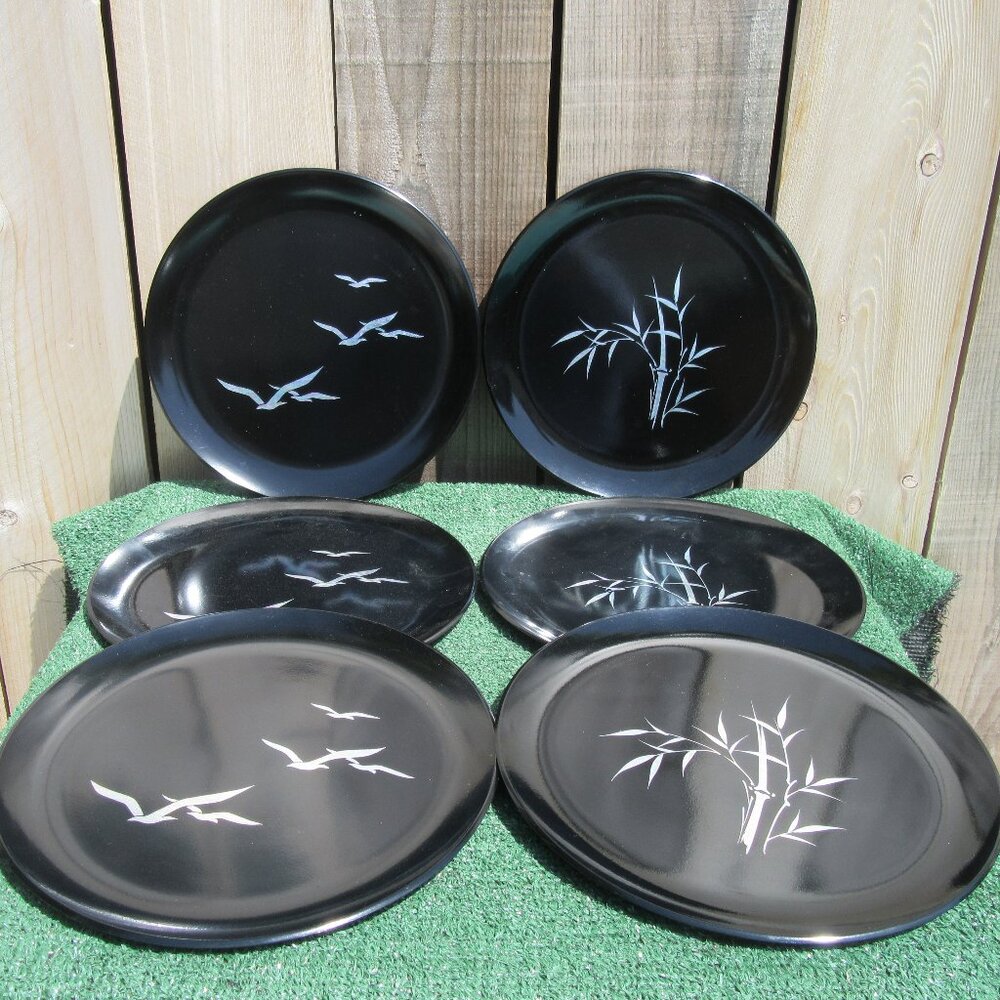 Set of 6 Japanese Lacquer Black Mother Of Pearl Bamboo Birds Otagiri 12" Plates